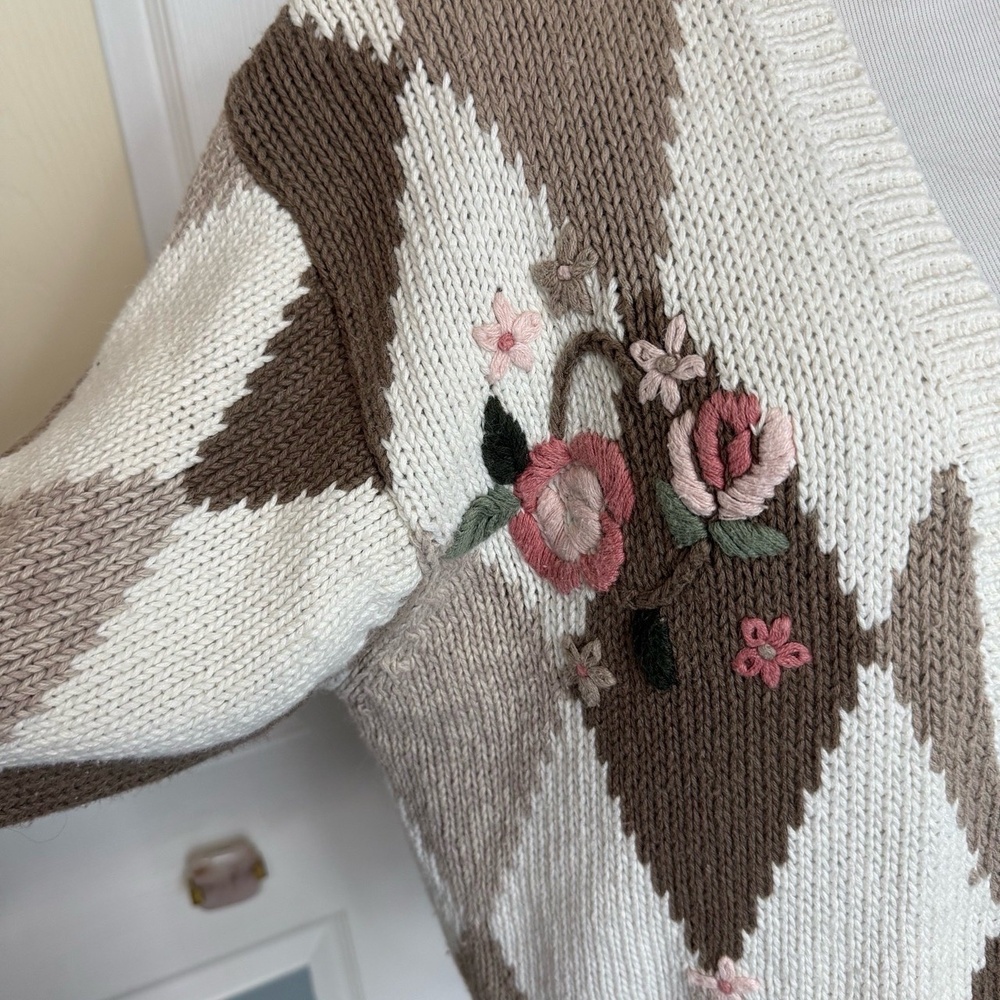 MILANO DESIGN GROUP Cardigan Womens Size M Argyle Floral Button Front Vintage - Picture 4 of 10